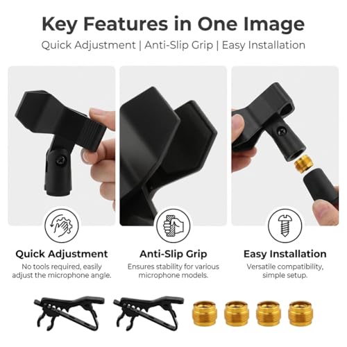 Microphone Clips for Stand Set, Durable Microphone Holders with 5/8" Male to 3/8" Female Screw Adapters, Adjustable Mic Stand Clamps for 1.14–1.26 Inch Mics