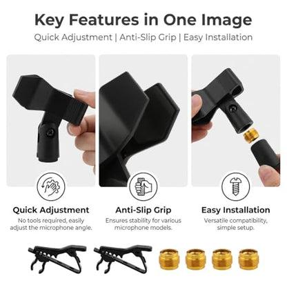 Microphone Clips for Stand Set, Durable Microphone Holders with 5/8" Male to 3/8" Female Screw Adapters, Adjustable Mic Stand Clamps for 1.14–1.26 Inch Mics