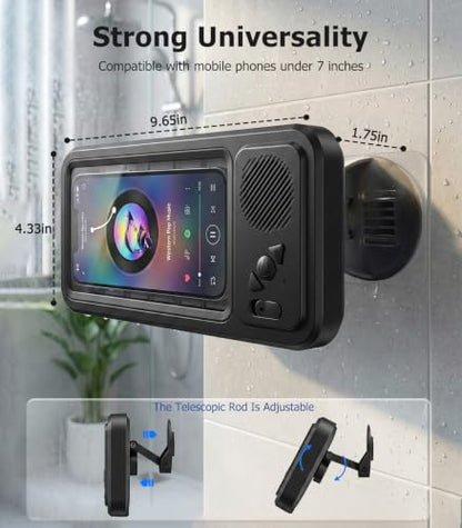 Shower Phone Holder with Bluetooth Speaker IPX6 Waterproof | 6-12H Playtime High-Sensitivity Touchscreen Rich Bass Sound Quality No-Drilling 360° Wall Mount for Bathroom Bathtub Kitchen - color: Charcoal gray