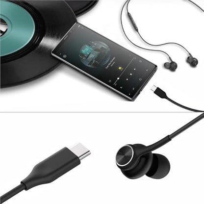 Earbuds Stereo in-Ear Headphones Three-Year Warranty for Galaxy Z Fold6 S24 S23 S22 S21 S20, Note 10, 10+ with Microphone and Volume Remote Type-C Connector-（Black）