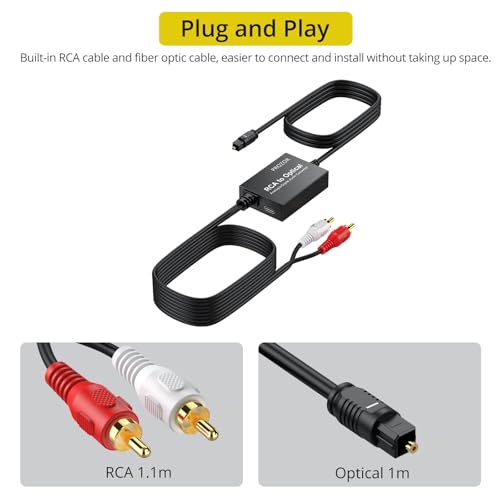PROZOR Analog to Digital Audio Converter, RCA to Optical Audio Converter, with Built-in RCA to Optical Cable, Analogue Signals into Digital Audio, for Turntable/CD/DVD to Soundbar (Not Reversible) - style: RCA to Optical