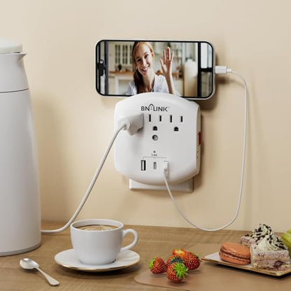 BN-LINK 3-Outlet Extender, Multi Plug Outlets with 3 USB Ports (3.4A Total), Dusk-to-Dawn Sensor Night Light, Surge Protector with Top Phone Holder, for Traveling, Home, School, Office - size: 3 Outlets - Night Light (USB)