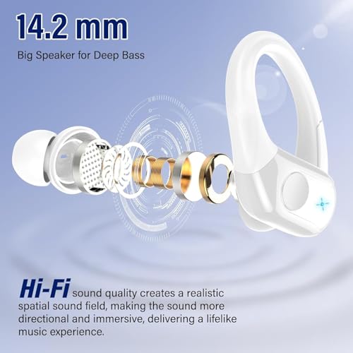 Qecnato Wireless Earbuds Bluetooth 5.4 Headphones 75H Stereo Deep Bass Sports Over Ear Buds with Earhooks, LED Display Bluetooth Earbuds with 4 ENC Mic, IP7 Waterproof Earphone for Running, White