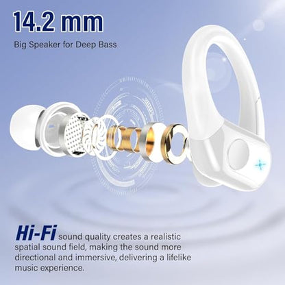 Qecnato Wireless Earbuds Bluetooth 5.4 Headphones 75H Stereo Deep Bass Sports Over Ear Buds with Earhooks, LED Display Bluetooth Earbuds with 4 ENC Mic, IP7 Waterproof Earphone for Running, White
