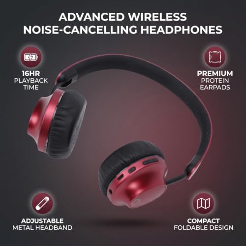 Wireless Headphones Over Ear, with Brushed Metal Design (Red) | Over The Ear Headset with Foldable, Stereo Breathing Light, 16H Playtime for Travel Home Office Cellphone PC - color: Red