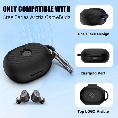 for Steelseries Arctis Gamebuds Silicone Case, Unisex Soft Protective Gamebuds Case, Only Compatible with Steelseries Gamebuds with Carabiner, Black - color: Black