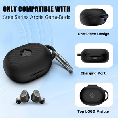 for Steelseries Arctis Gamebuds Silicone Case, Unisex Soft Protective Gamebuds Case, Only Compatible with Steelseries Gamebuds with Carabiner, Black - color: Black