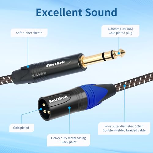 Smithok 2Pack 1/4" to XLR Cable,Heavy Duty Nylon Braided,Gold Plated Plug,Balanced 1/4" TRS to XLR Male Patch Cable, Quarter Inch 6.35mm to 3pin XLR Male Microphone Cable -6.6ft