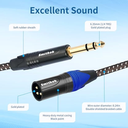 Smithok 1/4" to XLR Cable,Heavy Duty Nylon Braided,Gold Plated Plug,Balanced 1/4" TRS to XLR Male Patch Cable, Quarter Inch 6.35mm to 3pin XLR Male Microphone Cable -10ft(3M)