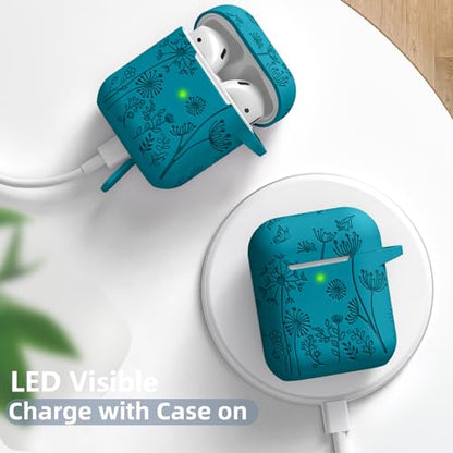 Lerobo for AirPod Case 2nd/1st Generation with Keychain | Flower Engraved Silicone Protective Cover for AirPods 2 Case, Wireless Charging, Shockproof, One-piece Design, Verdant Blue - color: Verdant Blue