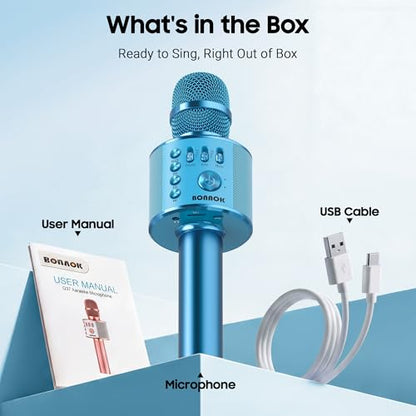 BONAOK Wireless Bluetooth Karaoke Microphone,3-in-1 Portable Handheld Karaoke Mic Speaker Machine Birthday Home Party for PC or All Smartphone (Q37 Blue) - color: Blue