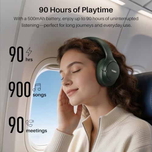 TOZO HT3 Hybrid Noise Cancelling Wireless Headphones, 90H Over Ear Headset | Hi Res Audio, AI Voice Assistant, Dual Device Connection, 32 Custom EQs, Built In 5 Mics, ANC, Foldable, Bluetooth 6.0 - color: Green