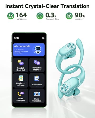 PocBuds Bluetooth Headphones Wireless Earbuds 80hrs Playtime Wireless Charging Case Digital Display Sport Ear buds with Earhook Deep Bass IPX7 Waterproof Over-Ear Earphones for Phone Laptop Mint Green - color: Mint Green, style: AI Buds Pro