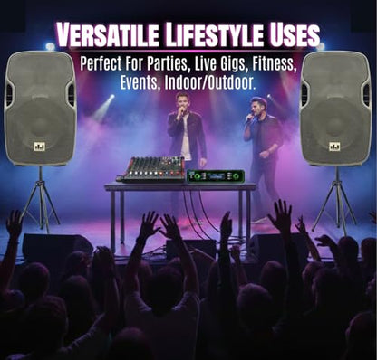 Pa System with Wireless Microphone and Speakers 12", 2000W | Built-in Amplifier w/6 Channel Audio Mixer System, Wireless UHF Microphone, 1000W Passive Speaker, Dual Tripod Stands - size: 12 inch