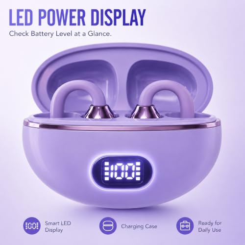 OpenEarRing Open Ear Headphones-Clip-On Open Ear Earbuds, Bluetooth 6.0 Wireless Earbuds with Mic, Lightweight Comfort, Secure Fit, Digital Display, 40H Playtime for Sports Running Workout