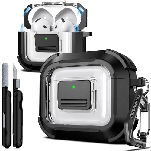 for AirPods 4 Case with Lock Magnetic Lid MagSafe, Black | Compatible with Apple AirPods 4th Generation Protective Case with Cleaner Kit & Carabiner, Powerful Drop Protection - color: A-TW-Black, size: Airpods 4th Generation