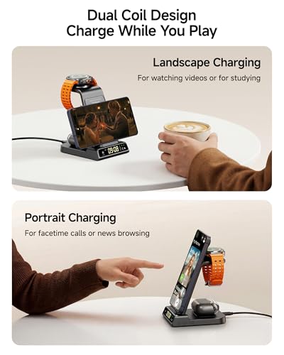 3 in 1 Wireless Charger for Samsung Galaxy S26 Ultra, Galaxy Watch 8, Buds | Dimmable LED clock, Dual-angle charging stand, Case-friendly, Compact & space-saving, Multi-protection, Charging indicator - color: Black