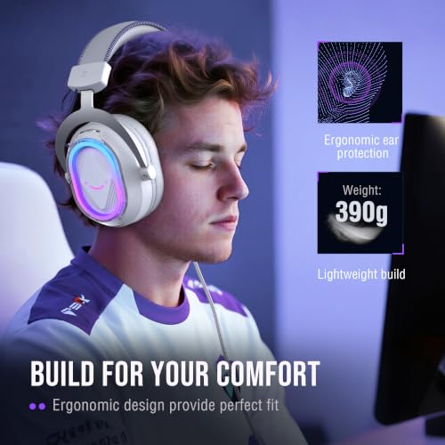 FIFINE AmpliGame H13WP USB Gaming Headset Wired, Customizable RGB Light | 50mm Drivers, Crisp 7.1 Surround, Soft Protain Leather, Detachable Mic, Game/chat Balance, for PC, Mac, PS4/5 - color: White and Purple