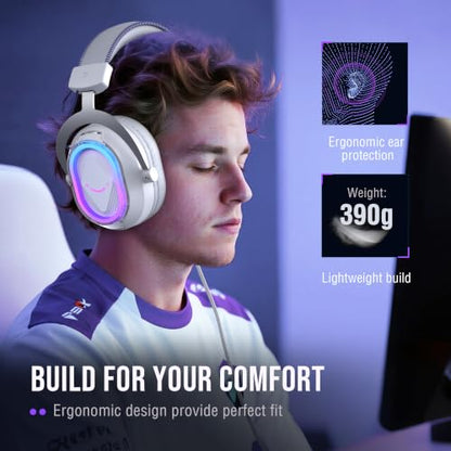 FIFINE AmpliGame H13WP USB Gaming Headset Wired, Customizable RGB Light | 50mm Drivers, Crisp 7.1 Surround, Soft Protain Leather, Detachable Mic, Game/chat Balance, for PC, Mac, PS4/5 - color: White and Purple