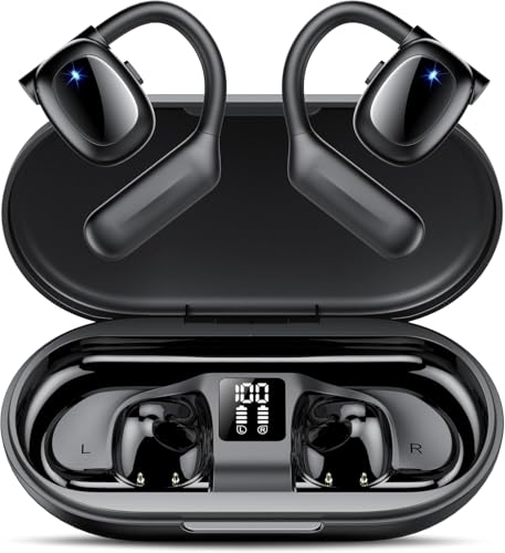 Open Ear Bluetooth 5.3 Earbuds,Wireless Headphones Sport Over Earphones Built-in 4 Mic with Ear Hooks 75H Playtime,Bluetooth Ear Buds with LED Digital Display,IPX5 Waterproof for Running Fitness/Black