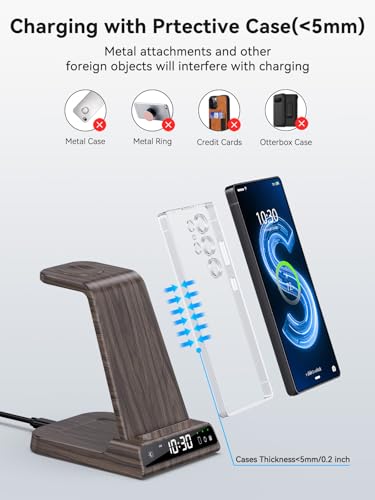 Wireless Charger for Samsung S25 with Clock 3 in 1 Android Charging Station | Charging Station for Galaxy S25 Ultra,Z Flip 7,Fold,Galaxy Bud,Watch Charger for Galaxy Watch 8,7,6,5Pro, Nightstand Charger - color: Wood Grain