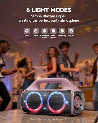 IP67 Waterproof Bluetooth Speaker:80W(Peak) Loud Outdoor Portable Wireless Party Speakers with LED Lights,20H Playtime,Bluetooth 5.3,Deep Bass & TWS for Pool,Beach (Pink) - color: Pink + Gray