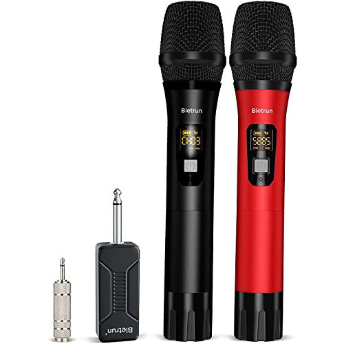 Bietrun Wireless Microphone Dynamic Mic System with Rechargeable Receiver, 1/4" Output, for Karaoke, Church, Speech, Wedding, Party Singing(160 ft Range)-Auto Connect - color: Black Red