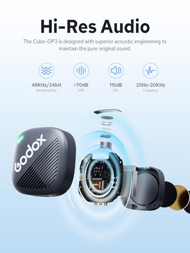 GODOX Cube-OP3 Wireless Lavalier Microphone System | 48kHz 24bit Hi-Res, Noise Reduction, 18W Fast Charge, for DJI Osmo Pocket 3,656ft Range, USB-C TX & RX for Camera Phone PC