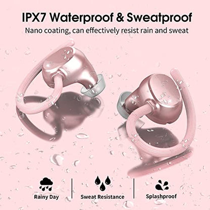 Wireless Earbuds for Small Ear, HiFi Stereo Sport Bluetooth 5.3 Headphones with Earhooks, 48H Deep Bass Running Ear Buds with LED Display, Noise Cancelling, IP7 Waterproof Built-in Mic for iOS Android - color: Rose Gold