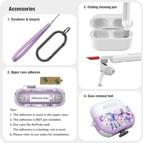 WENEW for AirPods Pro 3 Case (2025) Cover Secure Lock Automatic Snap Switch Clip Cleaner Kit Lanyard Women Stylish Flower Hard Shell Full Body Front LED Visible (Purple Butterfly, AirPods Pro 3) - color: Purple Butterfly, size: AirPods Pro 3