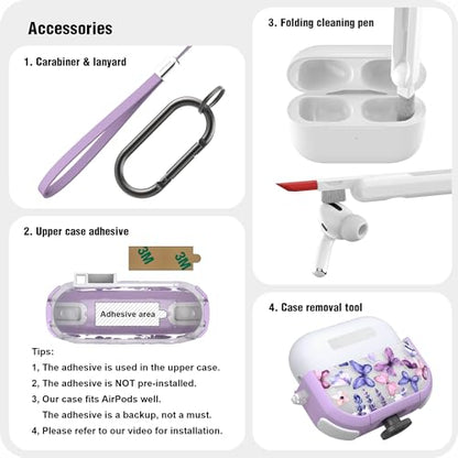 WENEW for AirPods Pro 3 Case (2025) Cover Secure Lock Automatic Snap Switch Clip Cleaner Kit Lanyard Women Stylish Flower Hard Shell Full Body Front LED Visible (Purple Butterfly, AirPods Pro 3) - color: Purple Butterfly, size: AirPods Pro 3