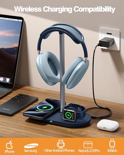 HiWe Headphone Stand, 2-in-1 MagSafe Wireless Charger for iPhone/iWatch | Headset Holder for All Headphones, Aluminum Alloy Bar, ABS Solid Base, PU Headrest, Table Desk Organizer - color: Blue