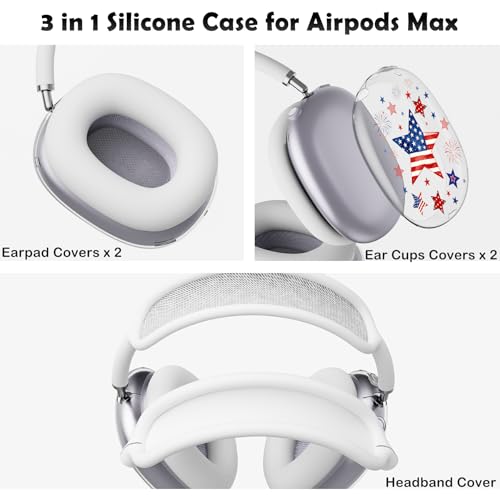 for AirPods Max 2/1 Headphones 4th of July Patriotic Ear Covers | America Stars Clear Ear Cups Cover | White Silicone Ear Pad Case Headband Cover for Apple AirPods Max 2/1 (2026/2024/2020) - color: America Stars B