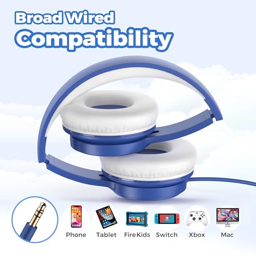 TuneFlux Upgraded Kids Headphones, Wired Toddler Headphones, 85dB Limited Volume On Ear Headphones, Portable Foldable Design, Stereo Sound Kids Headsets for School/Tablet/Travel (Sapphire Blue) - color: Sapphire Blue
