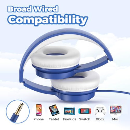 TuneFlux Upgraded Kids Headphones, Wired Toddler Headphones, 85dB Limited Volume On Ear Headphones, Portable Foldable Design, Stereo Sound Kids Headsets for School/Tablet/Travel (Sapphire Blue) - color: Sapphire Blue