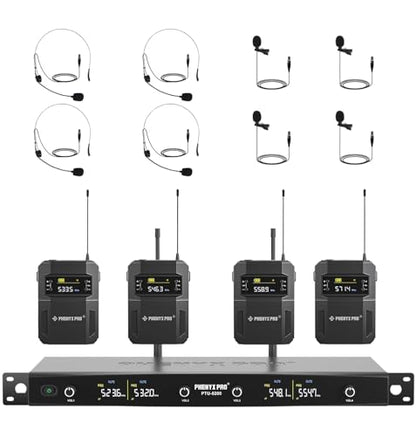 Phenyx Pro 4-Ch UHF Headset/Lapel Wireless Microphone System PTU-5200-4B | 4 Bodypacks, 4 x 25 Frequencies, 200 ft Range, Hands-Free Vocals, Stage Performances, Church Services
