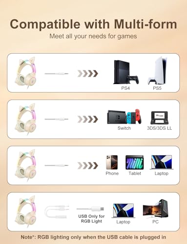 Lightweight Gaming Headset, RGB Lighting, Wired Over Ear Headphones with Mic for PC Laptop PS4 PS5 Switch, Stereo Surround Sound, Self-Adjusting Headband, Beige Cat Ear - color: Beige Cat Ear