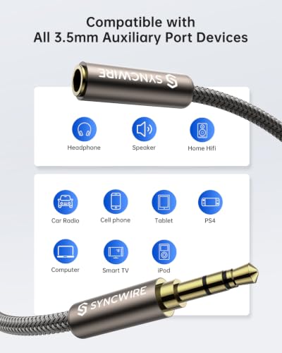 SYNCWIRE Headphone Extension Cable - 9.8FT [Hi-Fi Sound][Gold Plated Jack][TRS] Nylon-Braided 3.5mm Male to Female Audio Extension Cord Compatible with iPhone iPad Tablets Media Players- Dark Gray - size: 9.8 feet