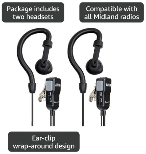 Midland® - AVPH4 Ear Clip Headset Headphones for Midland® GMRS Two-Way Radios – Secure Fit - Crystal Clear Communication Built-In Microphone and Push To Talk Button