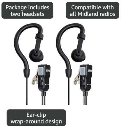 Midland® - AVPH4 Ear Clip Headset Headphones for Midland® GMRS Two-Way Radios – Secure Fit - Crystal Clear Communication Built-In Microphone and Push To Talk Button