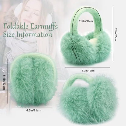 Earmuffs for Women Girls Faux Fur Fuzzy Headband Foldable Ear Covers Cold Weather Accessory - color: Green