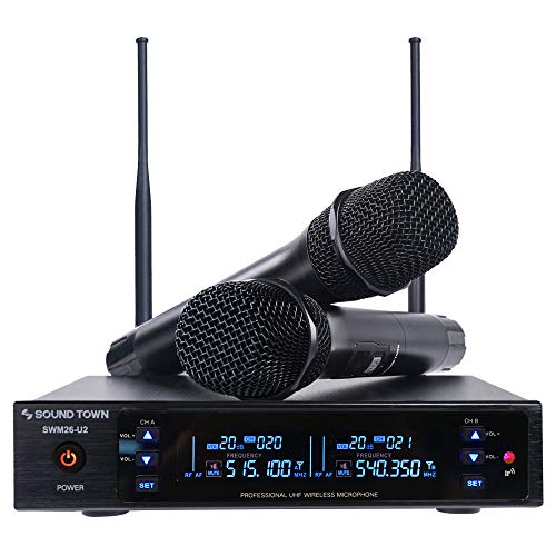 Sound Town Metal 200 Channels UHF Wireless Microphone System with 2 Handheld Microphones and Auto Scan, for Church, School, Outdoor Wedding, Meeting, Party and Karaoke (SWM26-U2HH) - color: Gloss Black