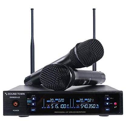 Sound Town Metal 200 Channels UHF Wireless Microphone System with 2 Handheld Microphones and Auto Scan, for Church, School, Outdoor Wedding, Meeting, Party and Karaoke (SWM26-U2HH) - color: Gloss Black