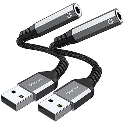USB to 3.5mm Jack Audio Adapter (2-Pack), USB to Audio Jack Adapter Headset, USB-A to 3.5mm TRRS 4-Pole Mic Female, External Stereo Sound Card for Headphone, Mac, PS4, PS5, PC, Laptop, Desktops