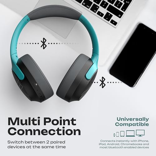 PowerLocus Bluetooth Headphones Over Ear, 60H Playtime, 4 EQ Modes Wireless Headphones with Microphone, Hi-Fi Stereo Deep Bass Foldable Headphone, Soft Foam Ear Cups,Fast Charging for Travel/PC/Phones - color: Grey/Mint