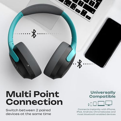 PowerLocus Bluetooth Headphones Over Ear, 60H Playtime, 4 EQ Modes Wireless Headphones with Microphone, Hi-Fi Stereo Deep Bass Foldable Headphone, Soft Foam Ear Cups,Fast Charging for Travel/PC/Phones - color: Grey/Mint