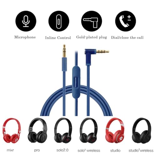 Replacement Solo Audio Cable Cord Wire with in-line Microphone and Control Compatible with Beats Headphones Solo, Studio, Pro, Detox, Wireless, Mixr, Executive Headphones(Blue) - color: Blue