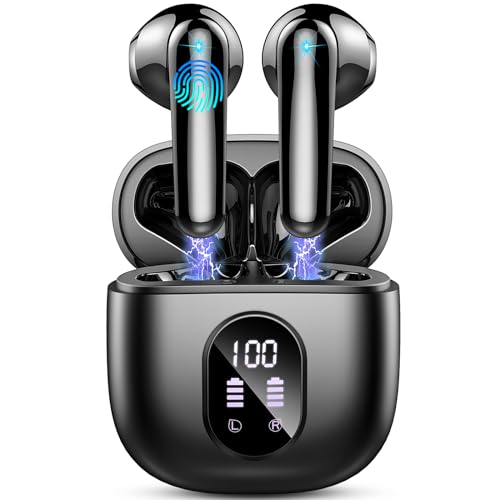 Wireless Earbuds, Bluetooth Headphones, Stereo Bass Ear Buds with ENC Noise Cancelling Mics, Bluetooth Earbuds with LED Display Charging Case, IP7 Waterproof Earphones for Android iOS/Glossy black - color: Glossy black