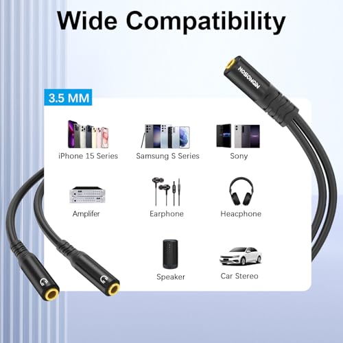HOSONGIN 3.5mm TRS Female to Dual 3.5mm TRS Female Y Splitter Cable, 1/8 Inch Headphone Aux Splitter for Smartphones, Tablets, Laptops, Amplifiers - 0.6Ft（7.8 inch）