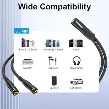 HOSONGIN 3.5mm TRS Female to Dual 3.5mm TRS Female Y Splitter Cable, 1/8 Inch Headphone Aux Splitter for Smartphones, Tablets, Laptops, Amplifiers - 0.6Ft（7.8 inch）